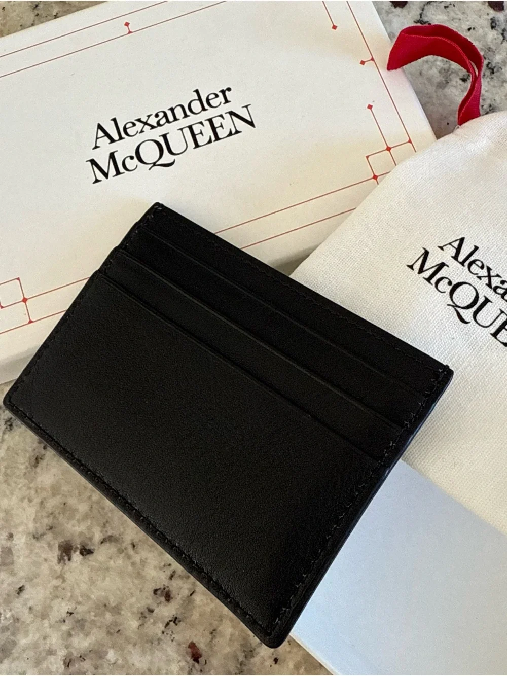 Alexander McQueen Black Leather Diagonal-Stitch Card Holder